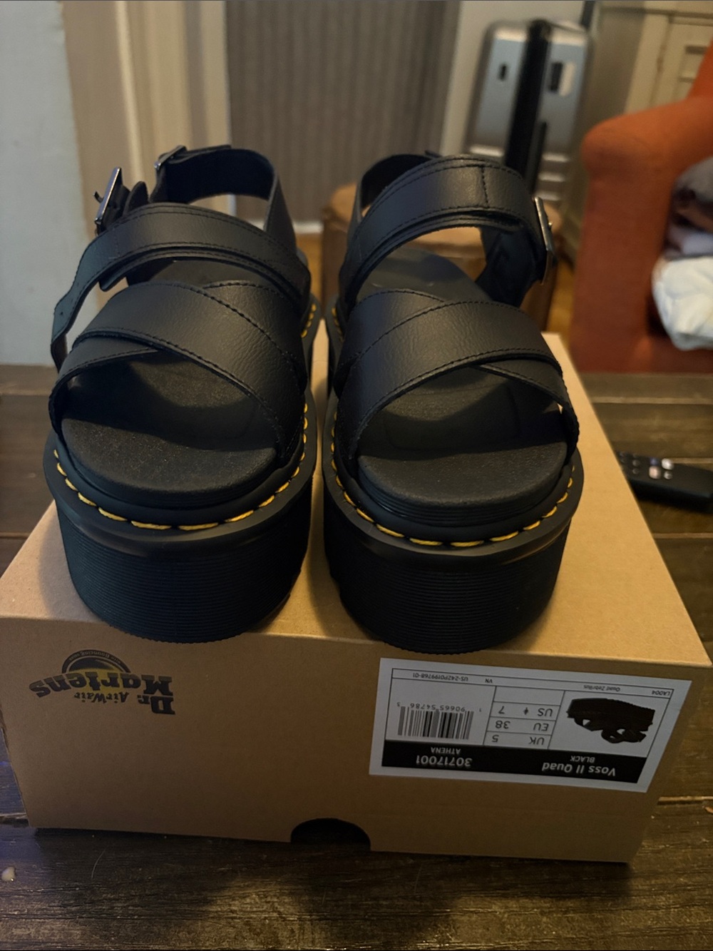 Dr. Martens Black Platform Strappy Sandals with Yellow Stitching